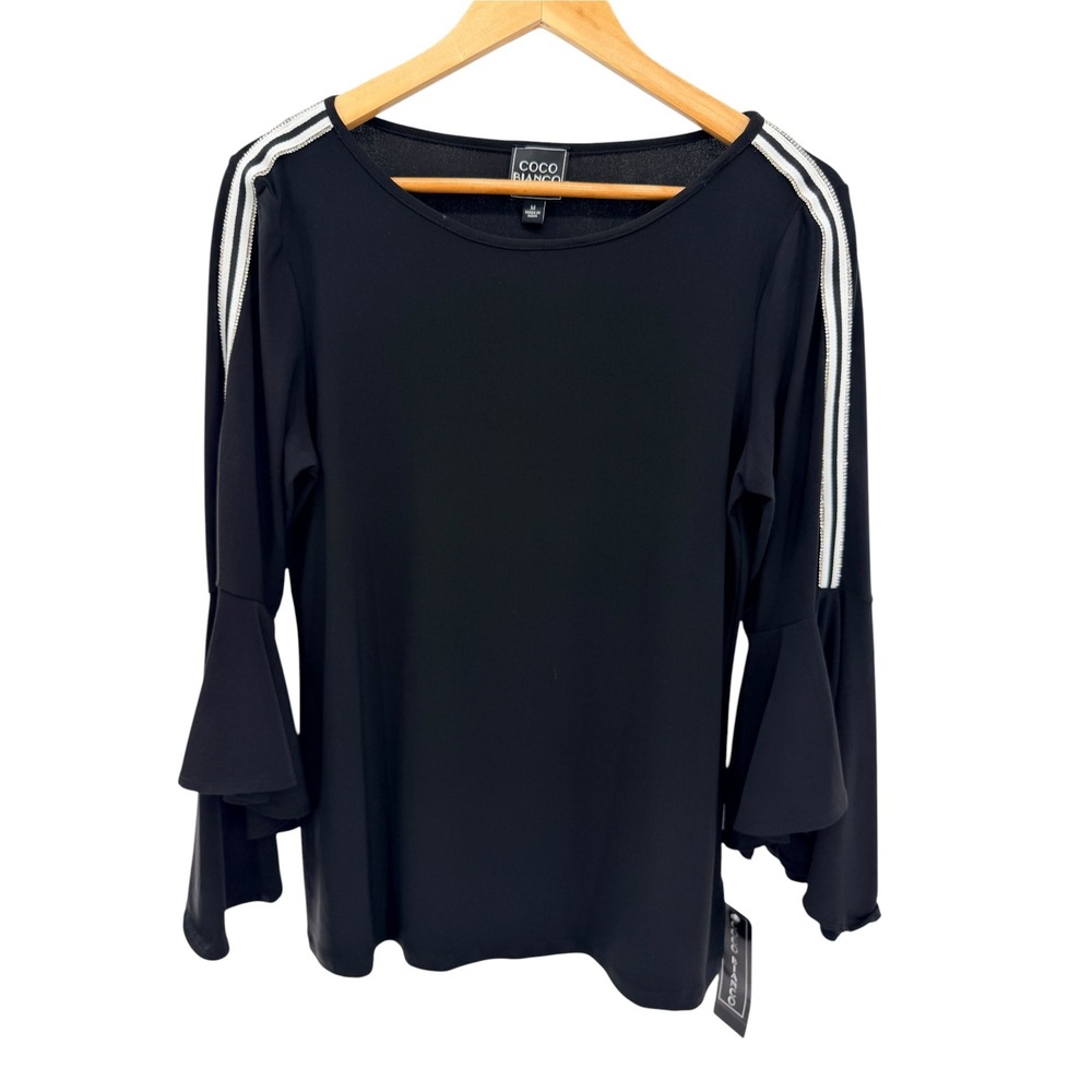 Coco Bianco Black Top M Rhinestone Sporty Stripe Flared Bell Sleeve Blouse NWT